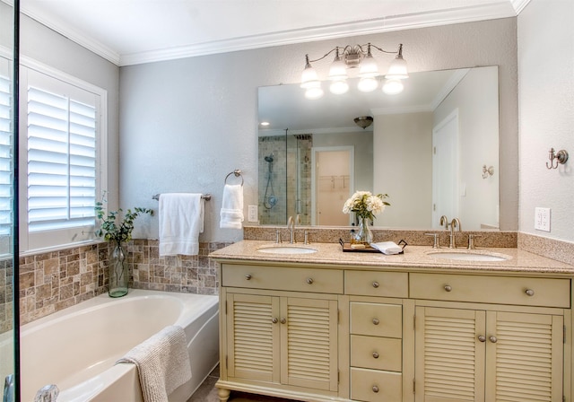 bathroom featuring vanity, shower with separate bathtub, and ornamental molding