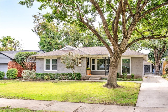 single story home with a front lawn