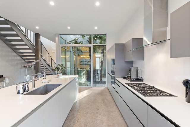 kitchen featuring sink, wall chimney range hood, a wall of windows, gray cabinets, and appliances with stainless steel finishes