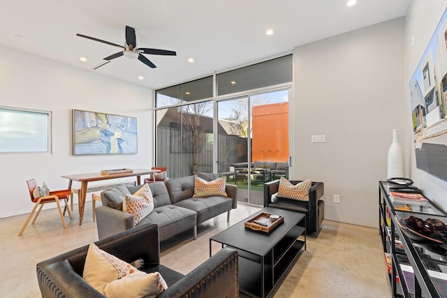 living room featuring ceiling fan