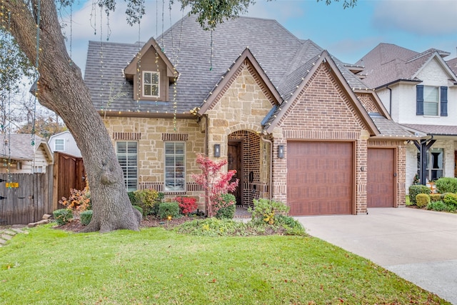 view of front of property featuring a garage and a front lawn