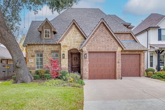 view of front facade featuring a garage and a front lawn