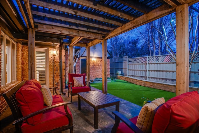 view of patio featuring an outdoor hangout area and a pergola