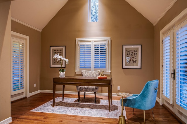 home office with high vaulted ceiling, dark wood-type flooring, and crown molding