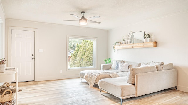 living room with crown molding, light hardwood / wood-style floors, and ceiling fan