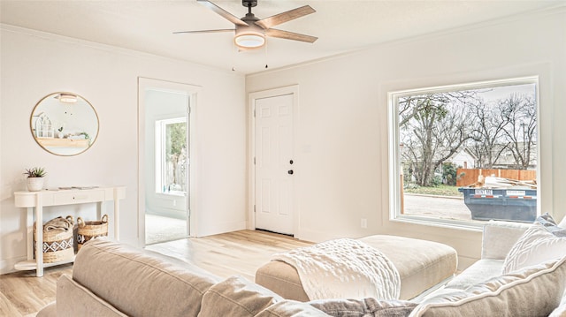 living room featuring a healthy amount of sunlight, light hardwood / wood-style flooring, and crown molding