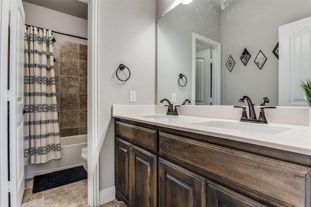 full bathroom with toilet, vanity, and shower / bathtub combination with curtain