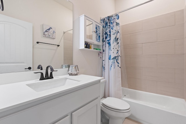 full bathroom with shower / bath combo, toilet, and vanity