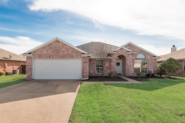 ranch-style home featuring a garage, central AC, and a front lawn