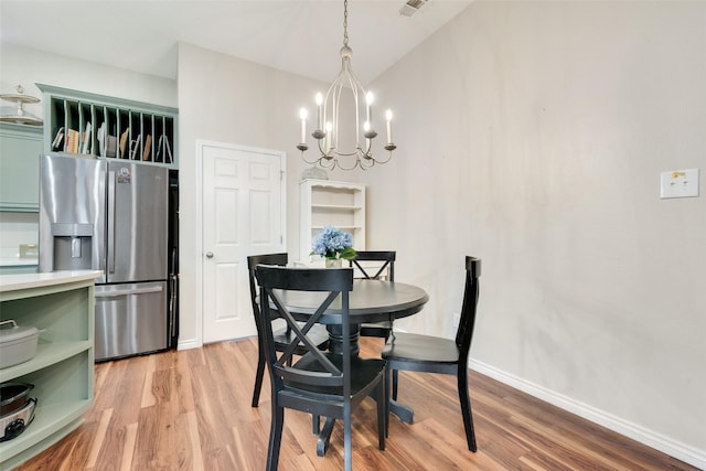 kitchen with green cabinets, hanging light fixtures, stainless steel appliances, a center island, and light hardwood / wood-style floors