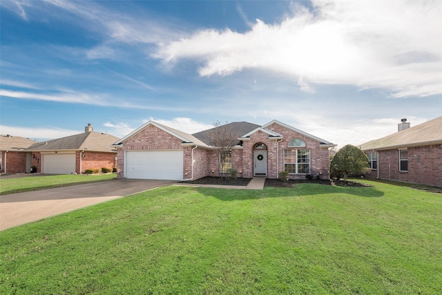 ranch-style house featuring a garage and a front lawn