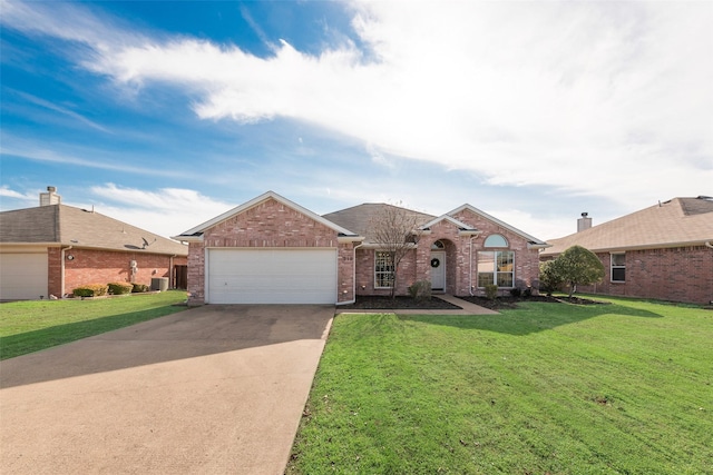 ranch-style home with cooling unit, a garage, and a front lawn