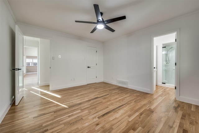 unfurnished bedroom with ceiling fan, light hardwood / wood-style flooring, and crown molding