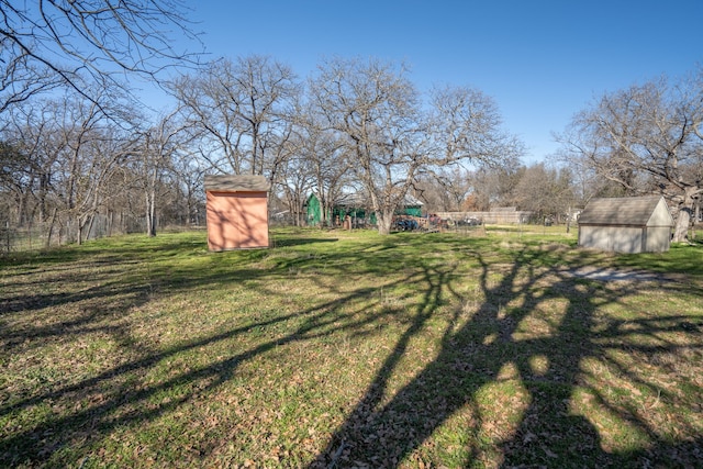 view of yard featuring a storage shed