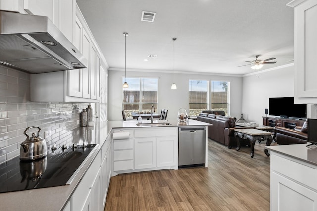 kitchen featuring sink, dishwasher, white cabinetry, and wall chimney exhaust hood