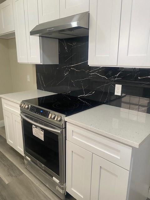 kitchen with white cabinetry, stainless steel electric stove, light stone countertops, and tasteful backsplash