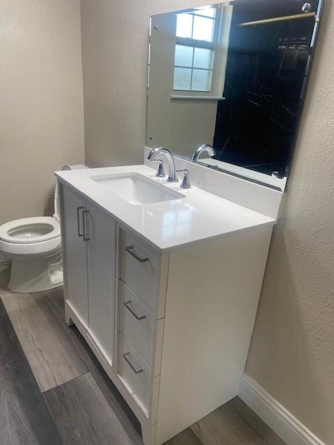 bathroom featuring vanity, hardwood / wood-style flooring, and toilet