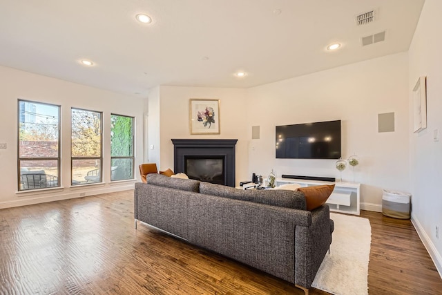 living room with dark hardwood / wood-style floors