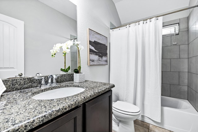 full bathroom with tile patterned flooring, vanity, shower / bathtub combination with curtain, and toilet