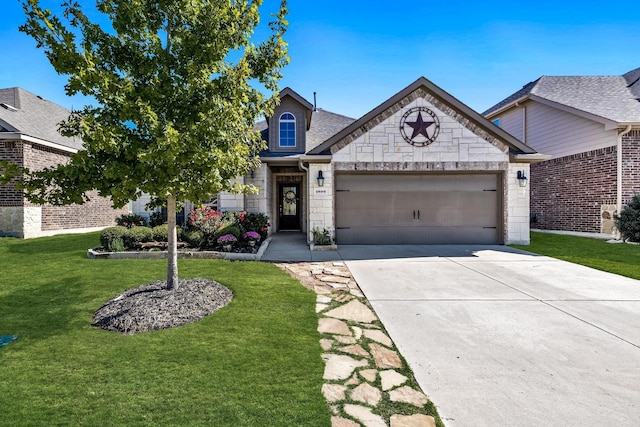 1809 Lake Pine Dr, Little Elm, TX 75068 - view of front of house with a garage, concrete driveway, a front yard, stone siding, and a shingled roof