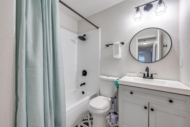 full bathroom featuring vanity, toilet, shower / bathtub combination with curtain, and tile patterned flooring