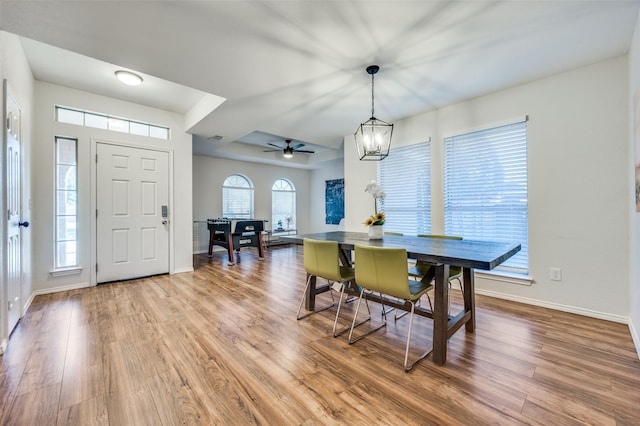 dining area with a tray ceiling, light hardwood / wood-style flooring, and a notable chandelier