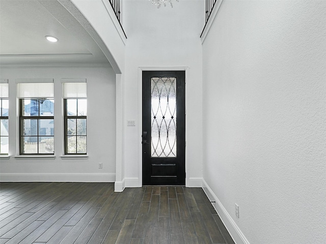 foyer featuring crown molding, a wealth of natural light, and dark wood-type flooring