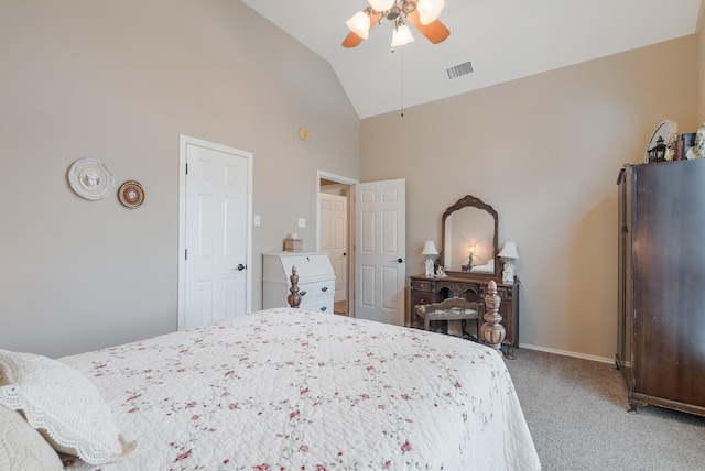 bedroom featuring ceiling fan, carpet floors, and lofted ceiling