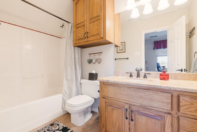 full bathroom with vanity, tile patterned flooring, toilet, and shower / tub combo with curtain