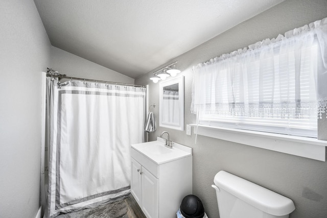 bathroom featuring toilet, vanity, a shower with shower curtain, and vaulted ceiling