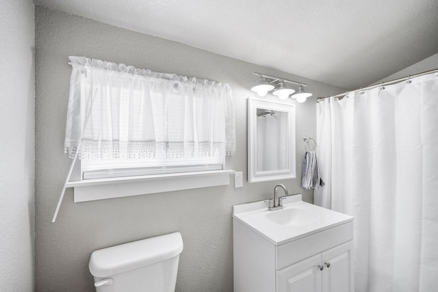 bathroom featuring vanity, toilet, and lofted ceiling