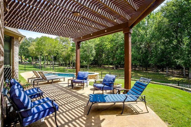 view of patio / terrace featuring a fenced in pool, a fire pit, and a pergola