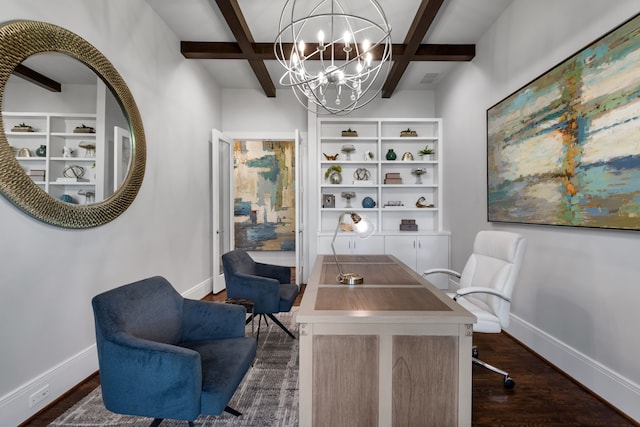 home office with built in features, beamed ceiling, and coffered ceiling