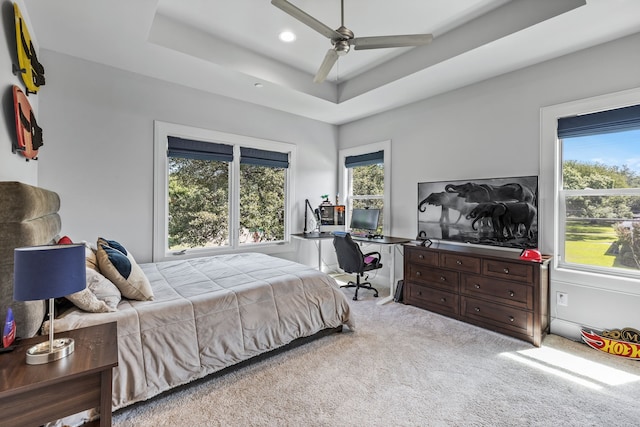 bedroom featuring ceiling fan, carpet floors, and a tray ceiling