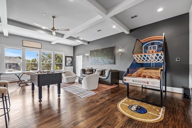 playroom featuring hardwood / wood-style flooring, beam ceiling, and coffered ceiling