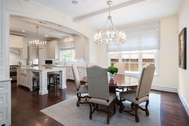 dining room featuring sink, a chandelier, beamed ceiling, and dark hardwood / wood-style flooring