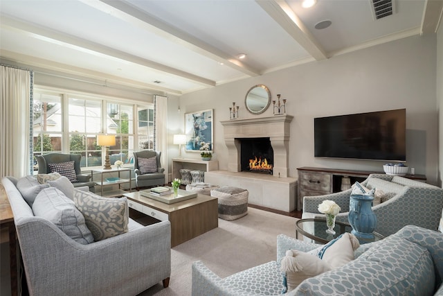 living room with beamed ceiling