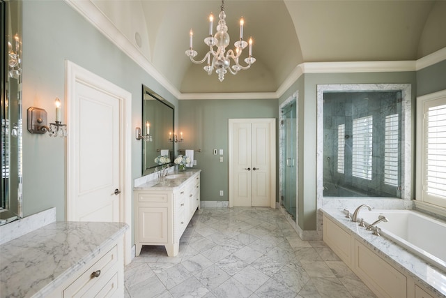 bathroom featuring crown molding, shower with separate bathtub, vanity, a chandelier, and lofted ceiling