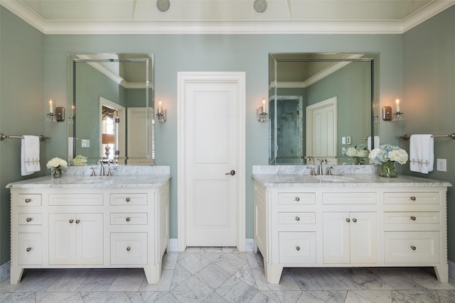 bathroom with vanity and ornamental molding