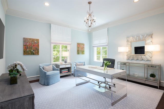 office featuring a notable chandelier and crown molding