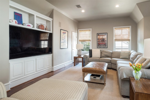 living room with dark wood-type flooring