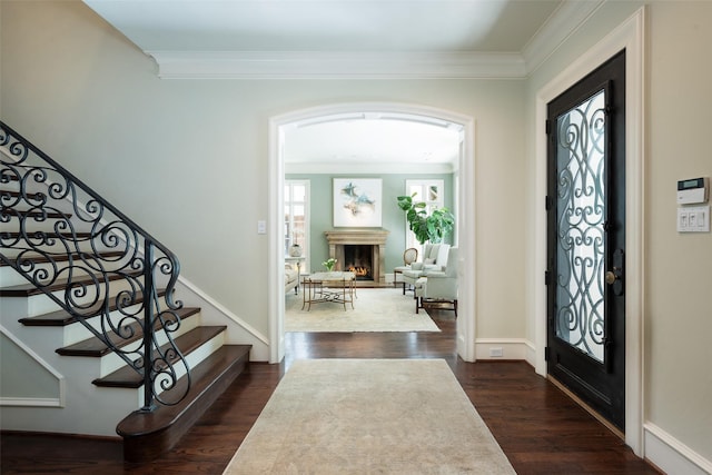 foyer featuring ornamental molding and dark hardwood / wood-style flooring