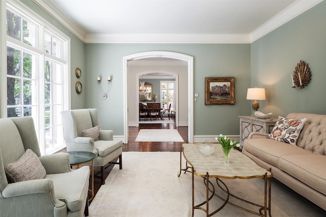 living room featuring crown molding and light wood-type flooring