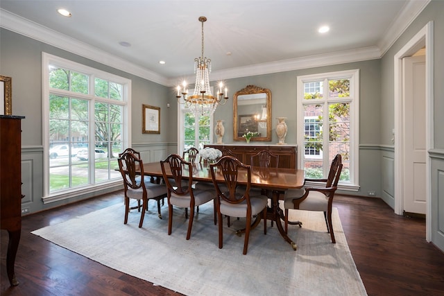 dining room featuring a notable chandelier, a wealth of natural light, and dark wood-type flooring