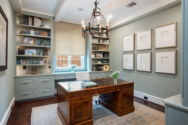 home office with crown molding, beamed ceiling, a chandelier, and dark hardwood / wood-style floors