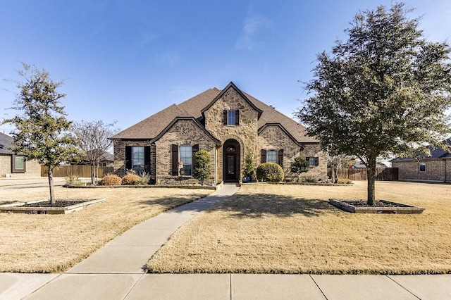 french country inspired facade with a front yard