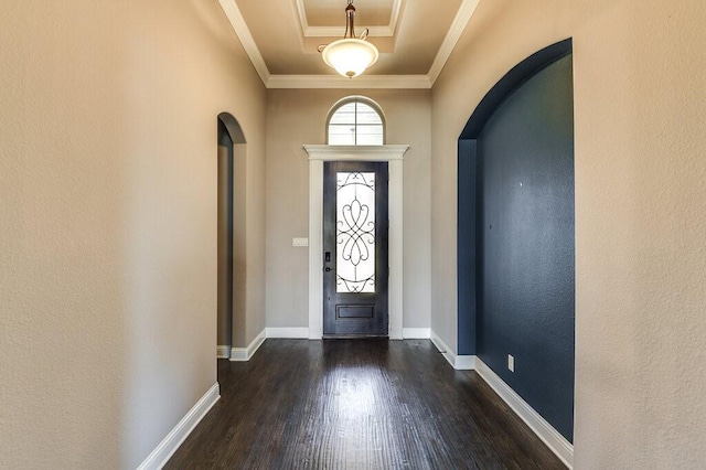 foyer entrance featuring crown molding and dark hardwood / wood-style floors