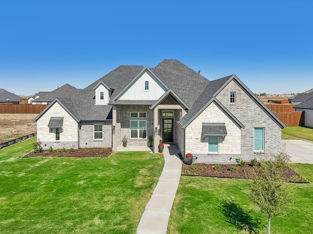 view of front of home featuring fence, a front lawn, and board and batten siding