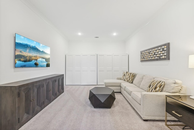 carpeted living room with recessed lighting