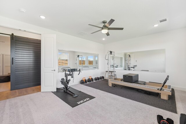 exercise room featuring ceiling fan and carpet